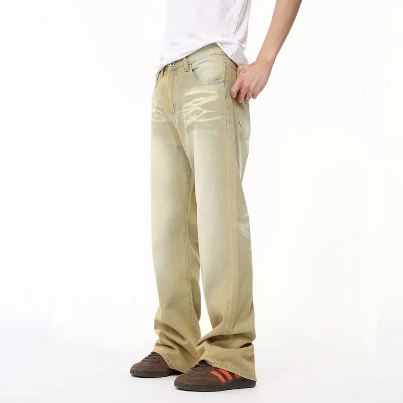 American Design Men's Denim Pants Casual Worn-out Contrast Color Summer Straight Menwear Wide Leg Bottom 9C6504