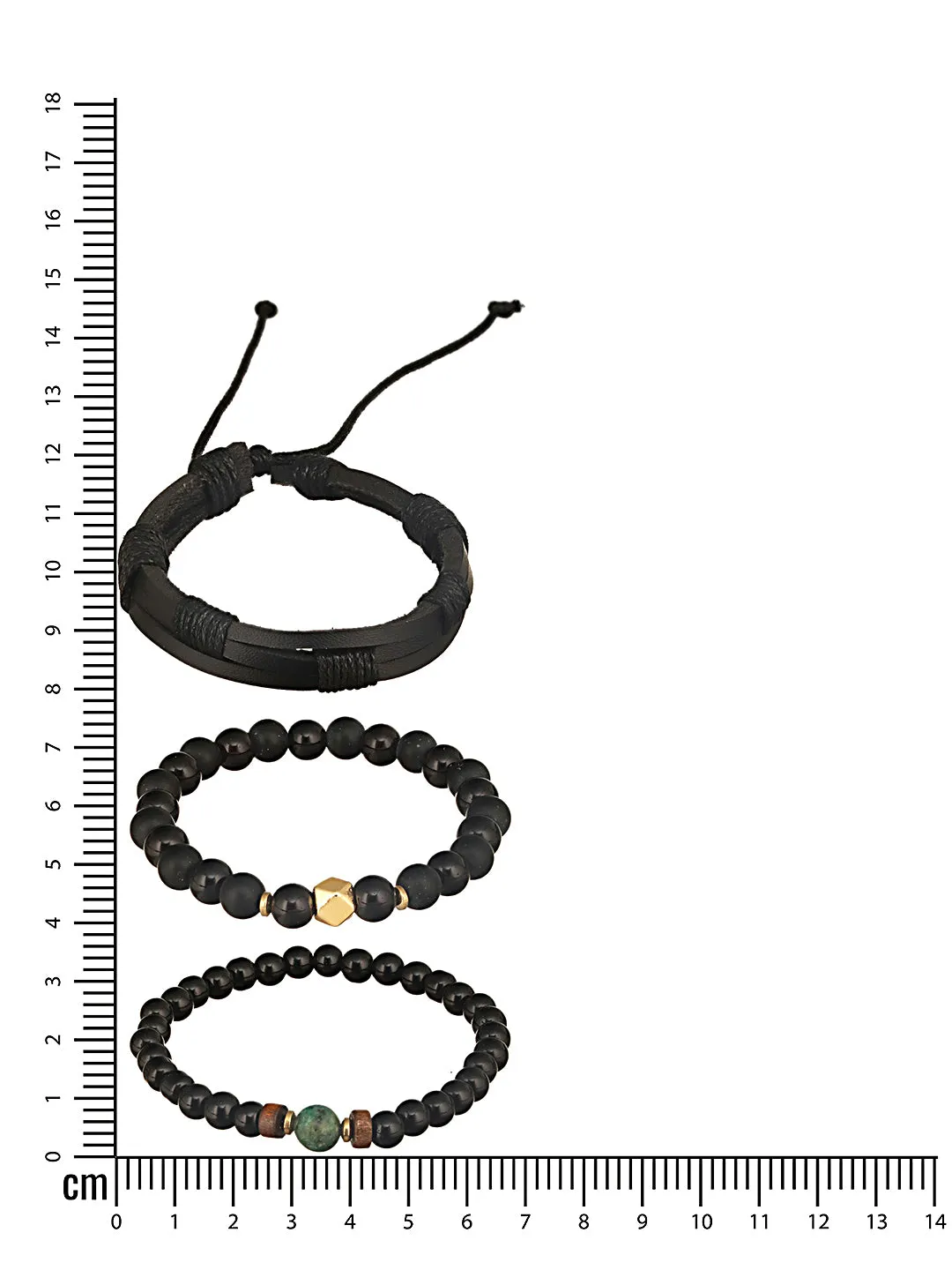 Jazz And Sizzle Men Set of 3 Black Green Beaded Elasticated & Leather Wraparound Bracelet