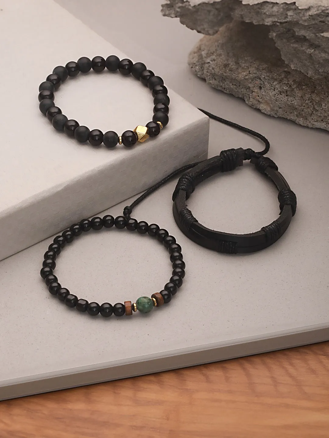 Jazz And Sizzle Men Set of 3 Black Green Beaded Elasticated & Leather Wraparound Bracelet