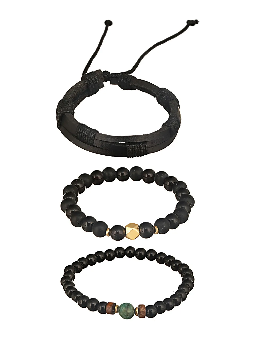 Jazz And Sizzle Men Set of 3 Black Green Beaded Elasticated & Leather Wraparound Bracelet