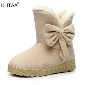 KHTAA Snow Boots Winter Female Ankle Boots Warmer Plush Bowtie Fur Suede  Rubber Flat Slip On Fashion Platform Women's Shoes