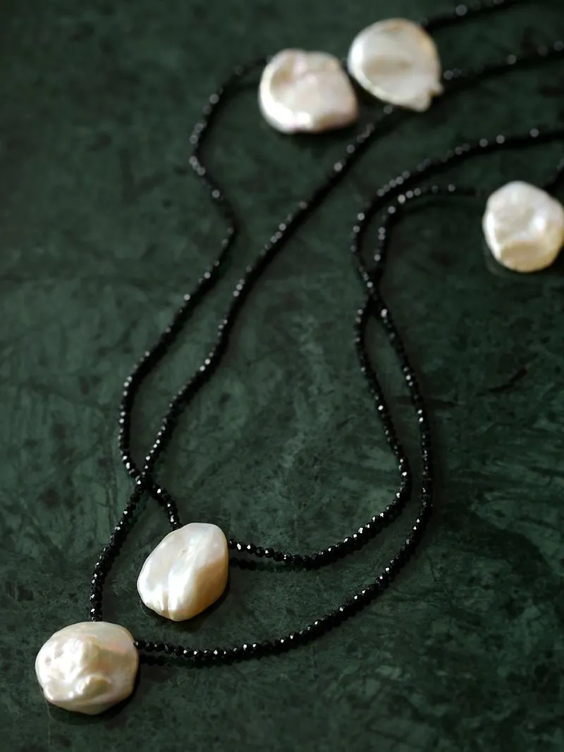 Large Petal Baroque Pearl Black Spinel Necklace-Super Long