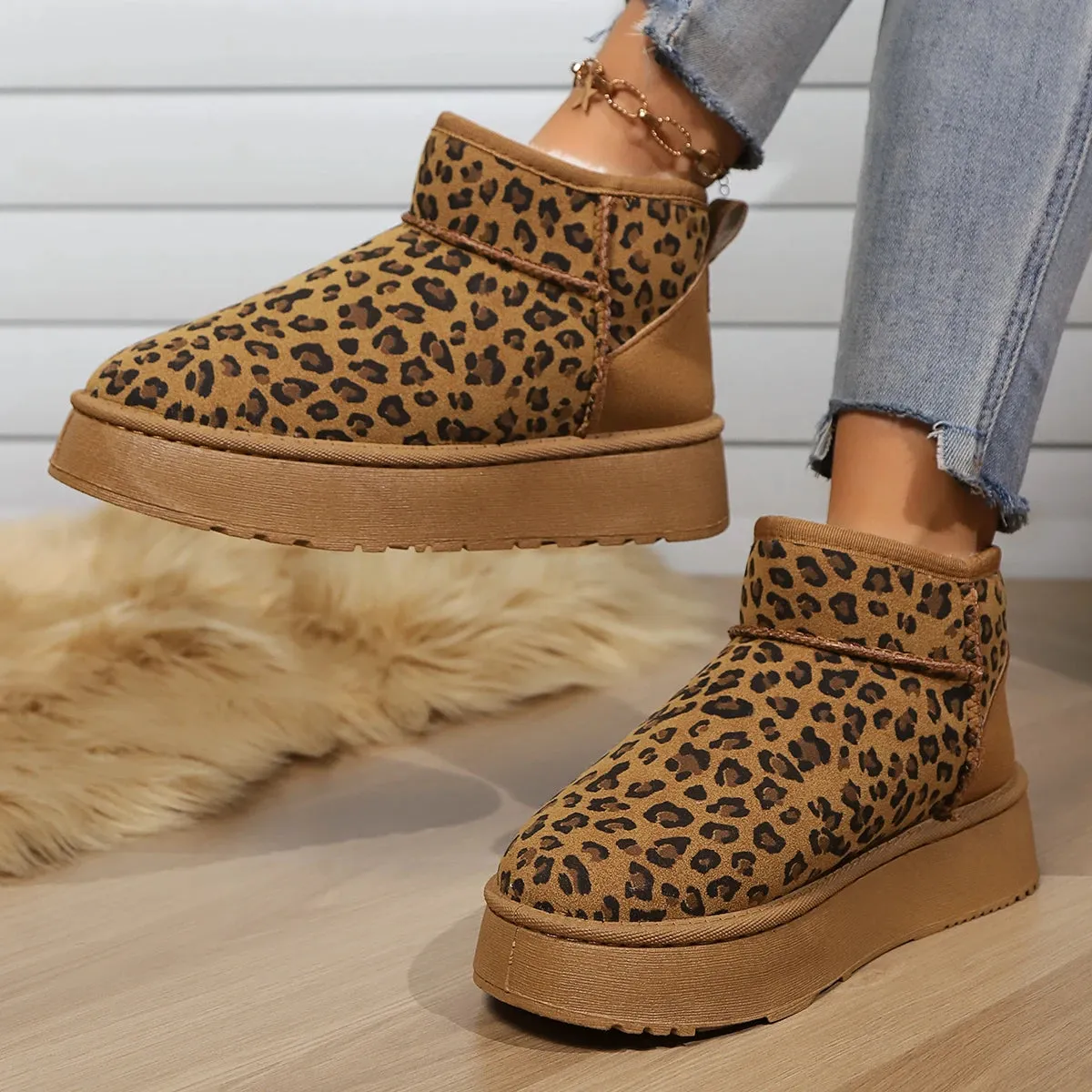 Leopard Print Non-slip Wear-resistant Fashion Plush Short Snow Boot