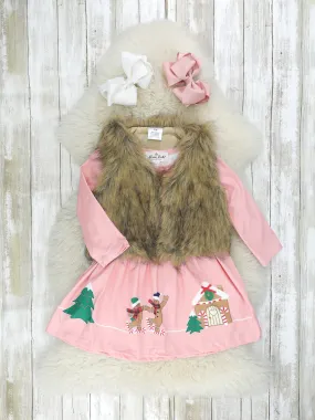 Pink Gingerbread Land Dress W/ Fur Vest