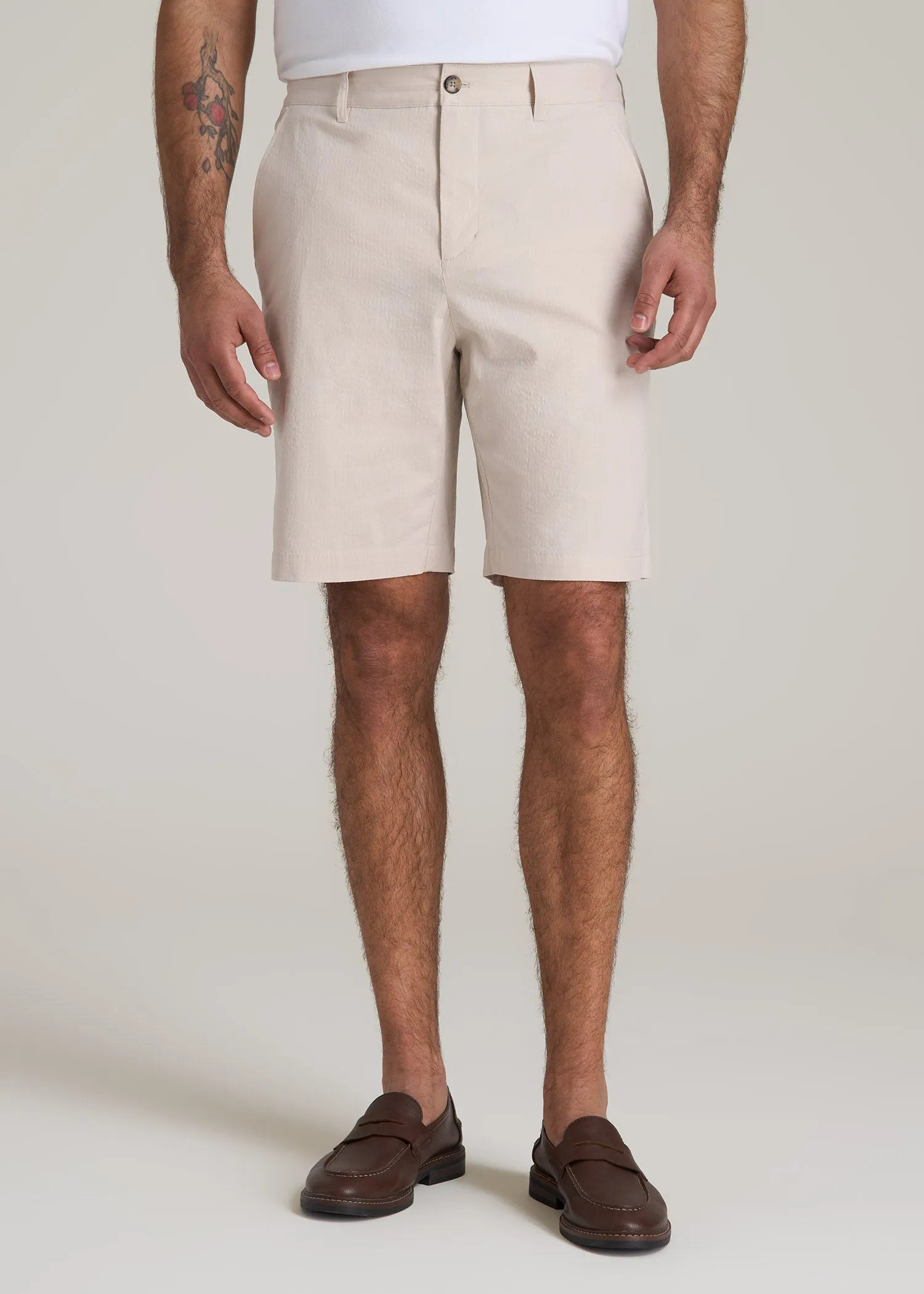 Seersucker Shorts for Tall Men in Soft Beige